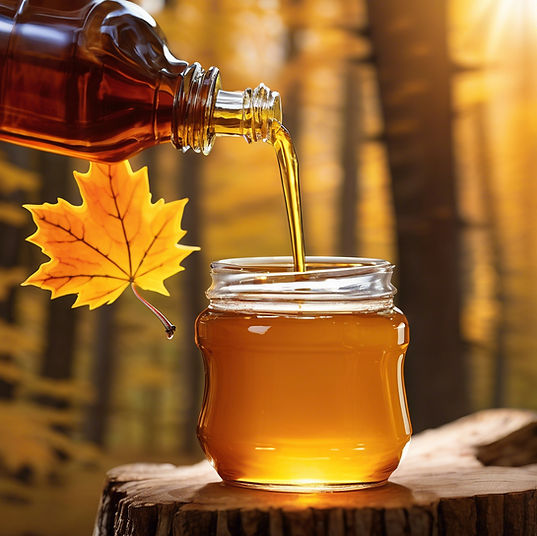Golden maple syrup pouring from a wooden tap into a jar
